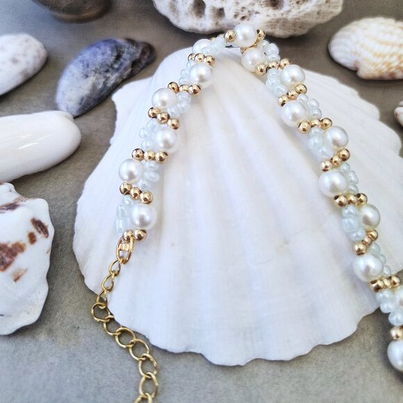 Beaded Bracelet, Blue Beads & Faux Pearls Bridal Stainless Steel Gold Jewelry - Picture 10 of 10